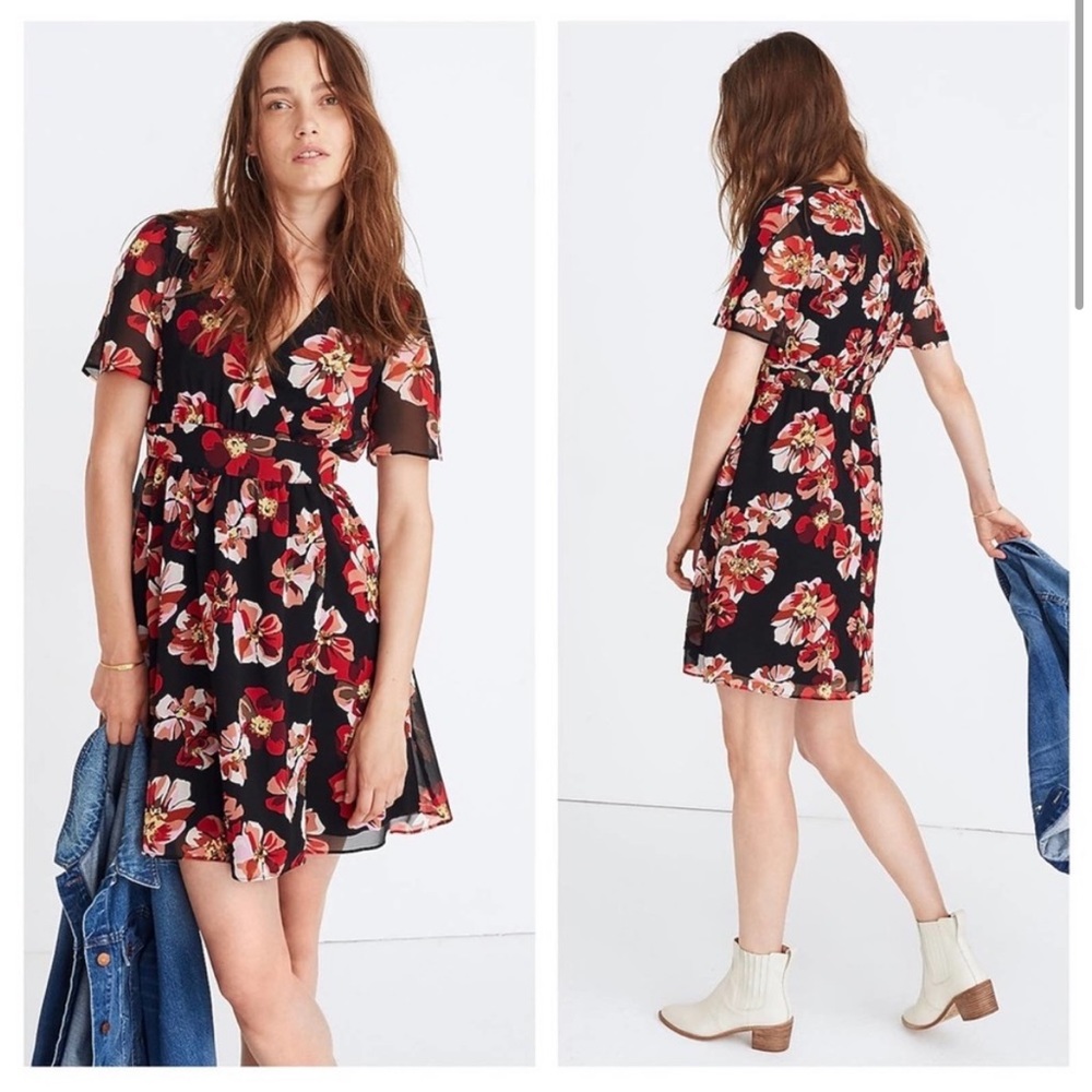 Madewell Tulip Sleeve Red Floral Chiffon Wrap Mini Dress In French Rose Size 4